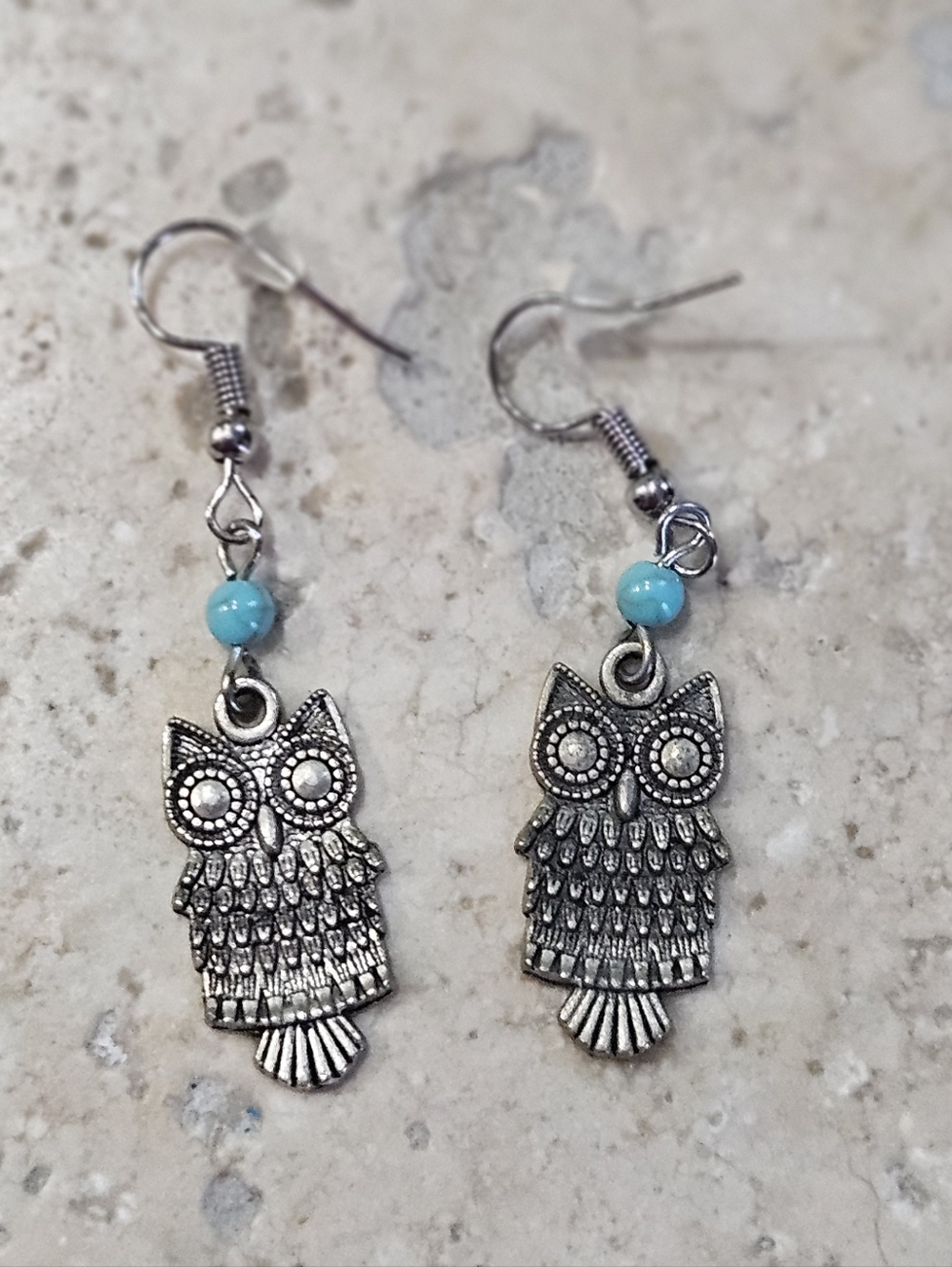 Owl Drop Earrings with Turquoise Bead